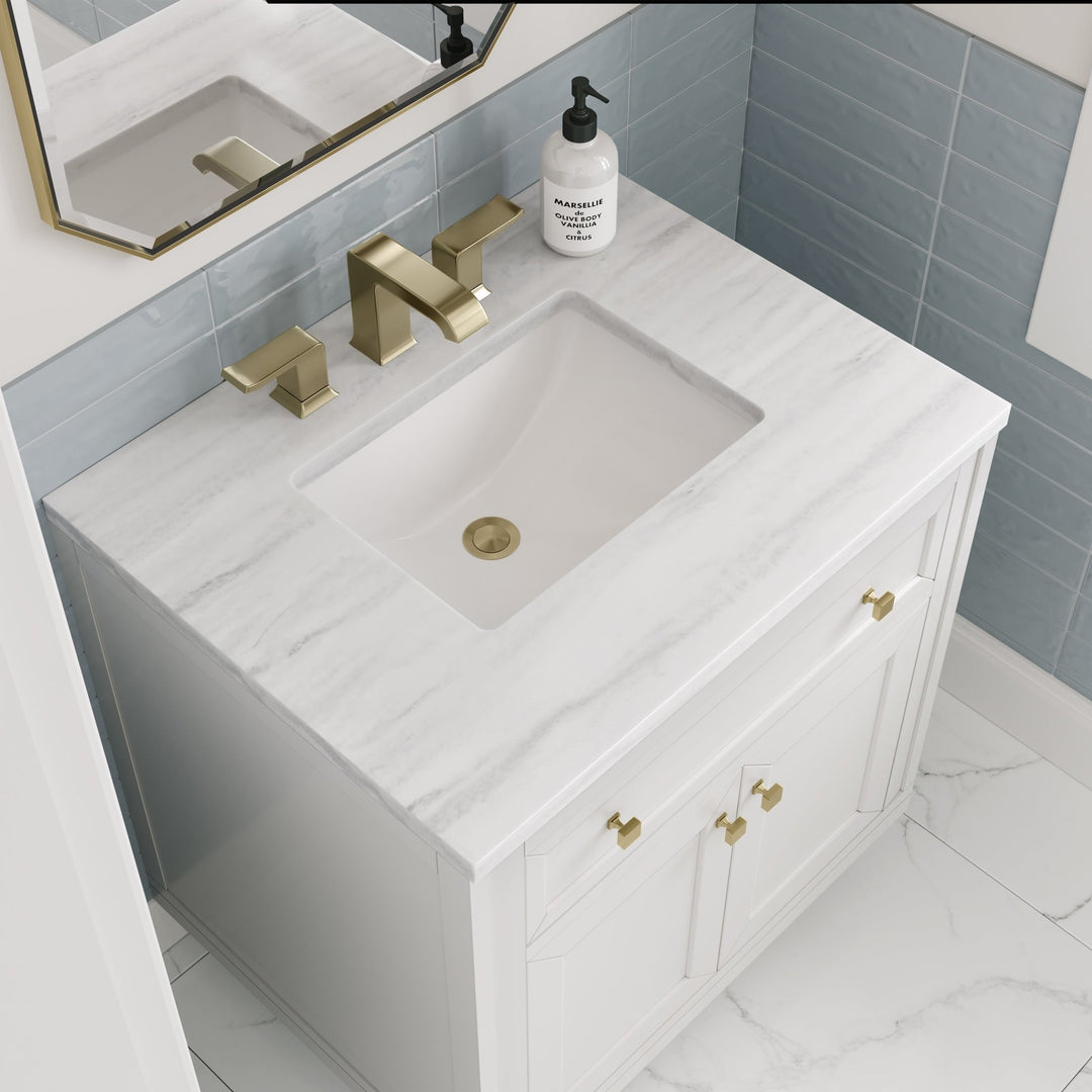 Chicago 30" Single Vanity, Glossy White, w/ 3 CM Arctic Fall Solid Surface Top