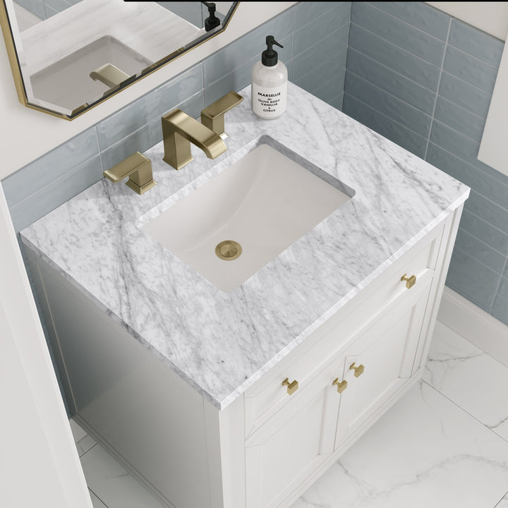 Chicago 30" Single Vanity, Glossy White, w/ 3 CM Carrara Marble Top