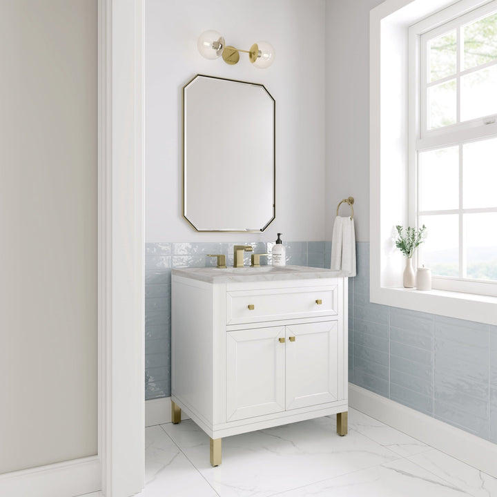 Chicago 30" Single Vanity, Glossy White, w/ 3 CM Victorian Silver Silestone® Top