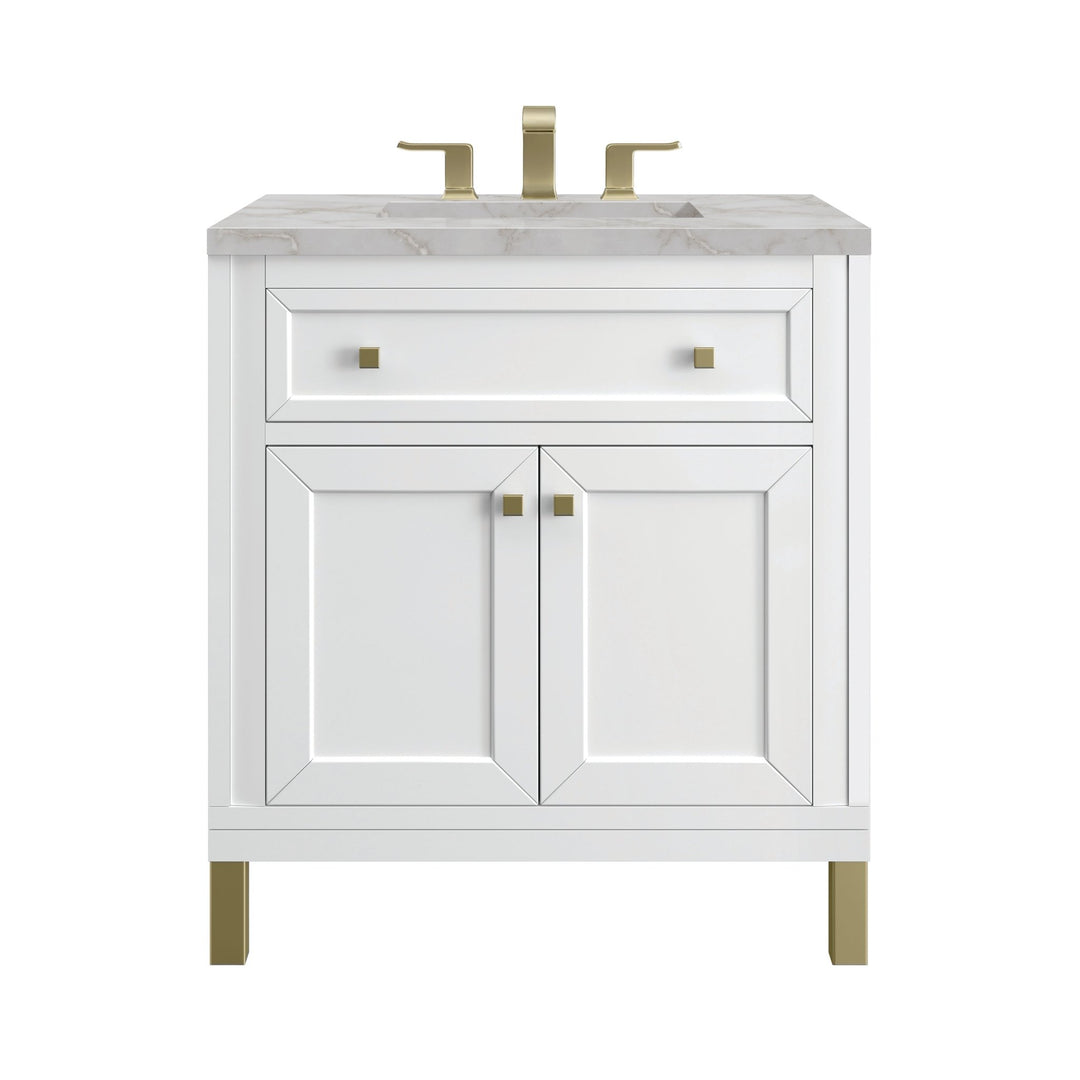 Chicago 30" Single Vanity, Glossy White, w/ 3 CM Victorian Silver Silestone® Top