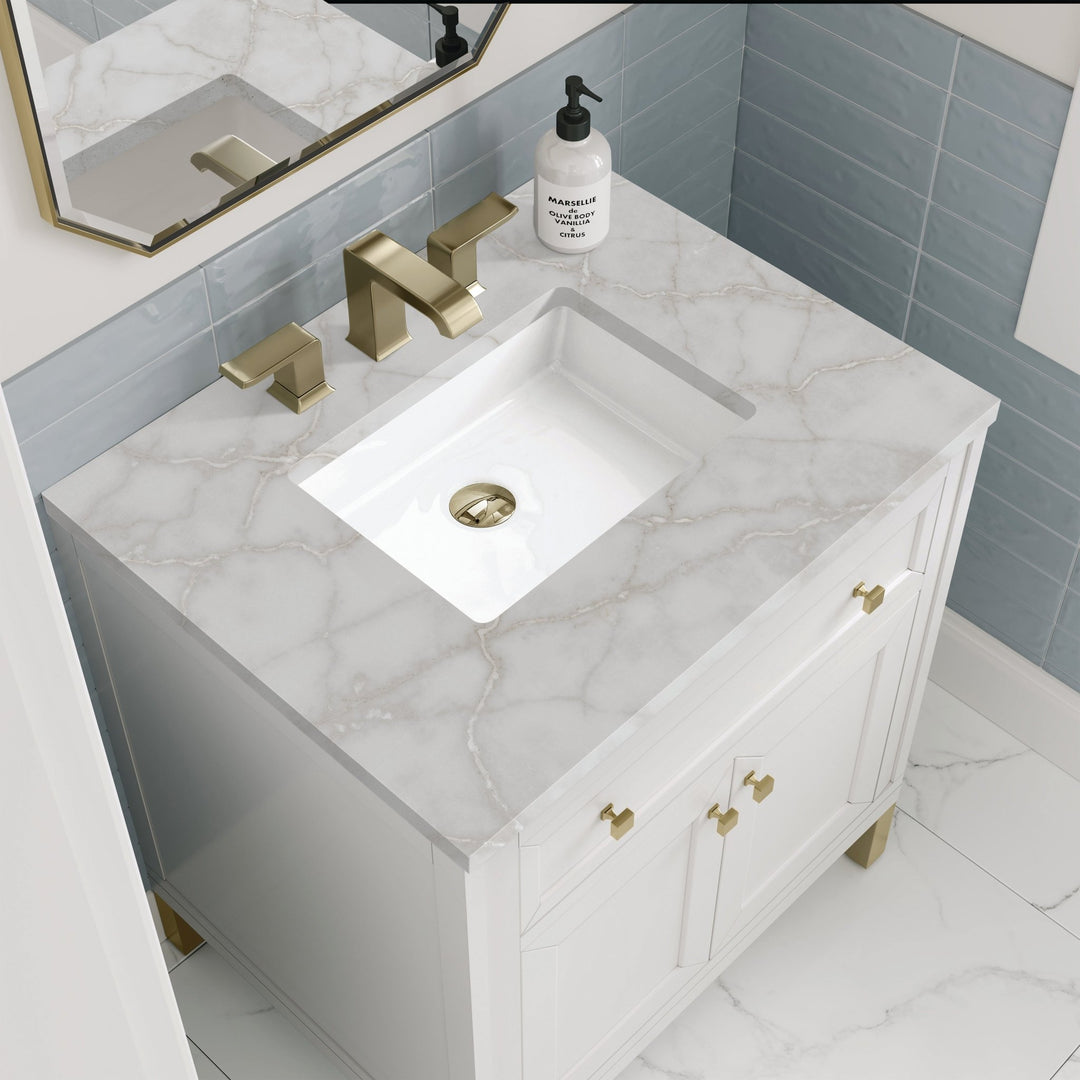 Chicago 30" Single Vanity, Glossy White, w/ 3 CM Victorian Silver Silestone® Top