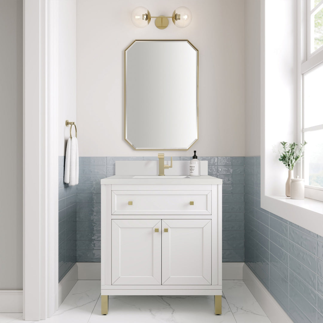 Chicago 30" Single Vanity, Glossy White, w/ Single Hole 3CM White Zeus Silestone® Top & Backsplash