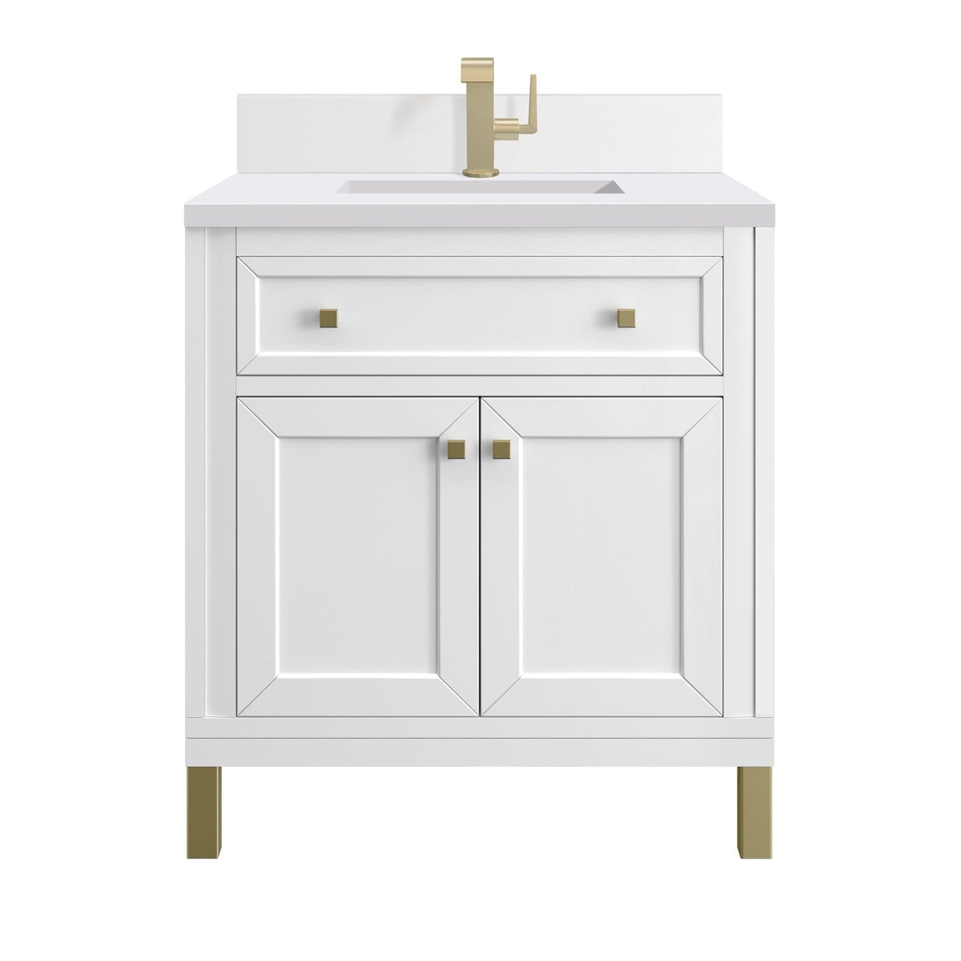 Chicago 30" Single Vanity, Glossy White, w/ Single Hole 3CM White Zeus Silestone® Top & Backsplash