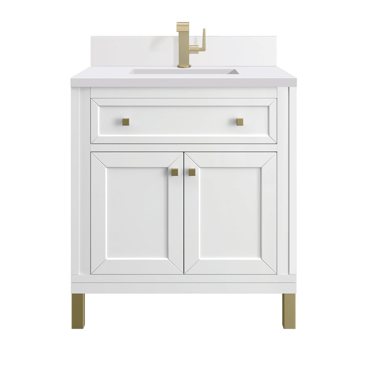 Chicago 30" Single Vanity, Glossy White, w/ Single Hole 3CM White Zeus Silestone® Top & Backsplash