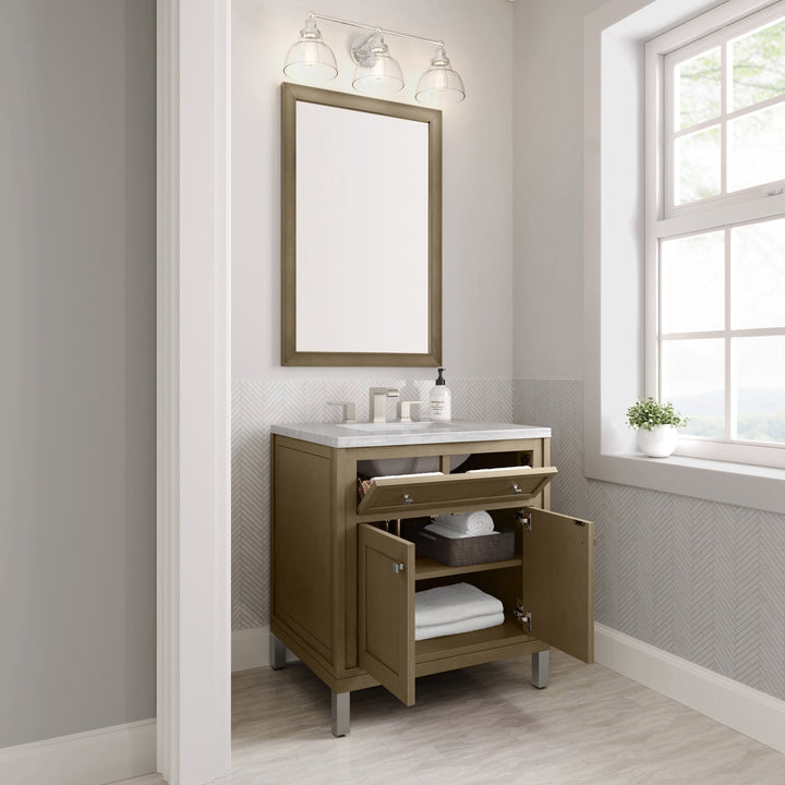 Chicago 30" Single Vanity, Walnut Whisper, w/ 3 CM Arctic Fall Solid Surface Top