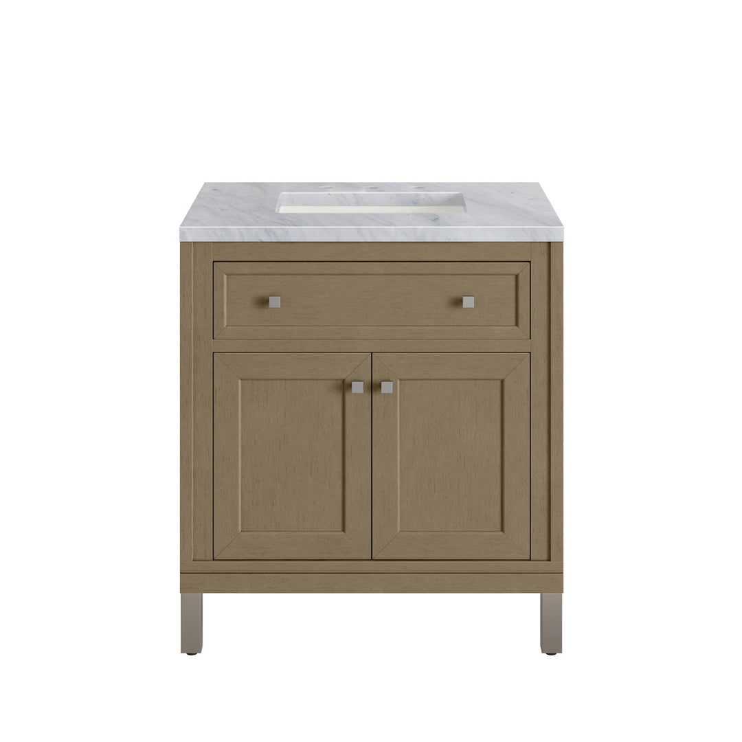 Chicago 30" Single Vanity, Walnut Whisper, w/ 3 CM Carrara Marble Top