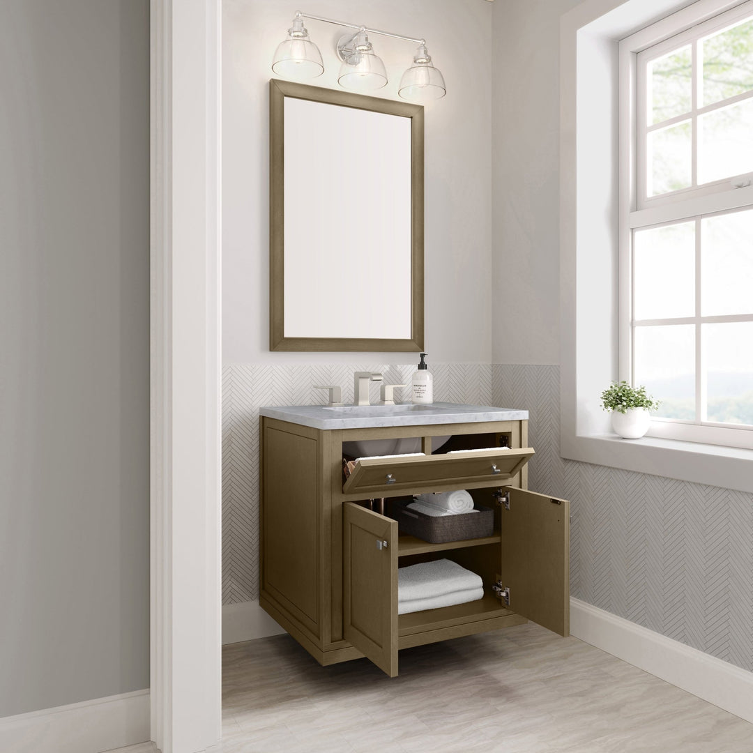 Chicago 30" Single Vanity, Walnut Whisper, w/ 3 CM Carrara Marble Top