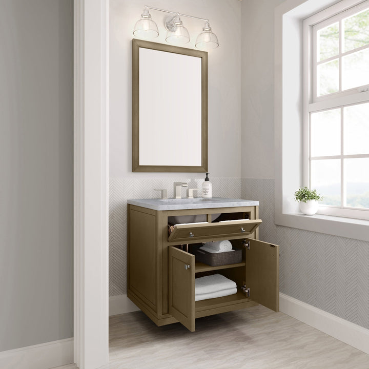 Chicago 30" Single Vanity, Walnut Whisper, w/ 3 CM Carrara Marble Top