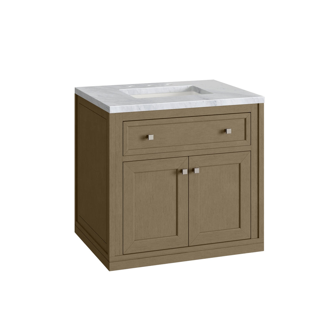 Chicago 30" Single Vanity, Walnut Whisper, w/ 3 CM Carrara Marble Top