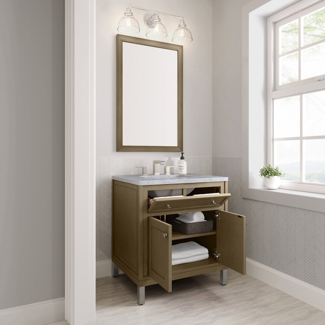 Chicago 30" Single Vanity, Walnut Whisper, w/ 3 CM Carrara Marble Top