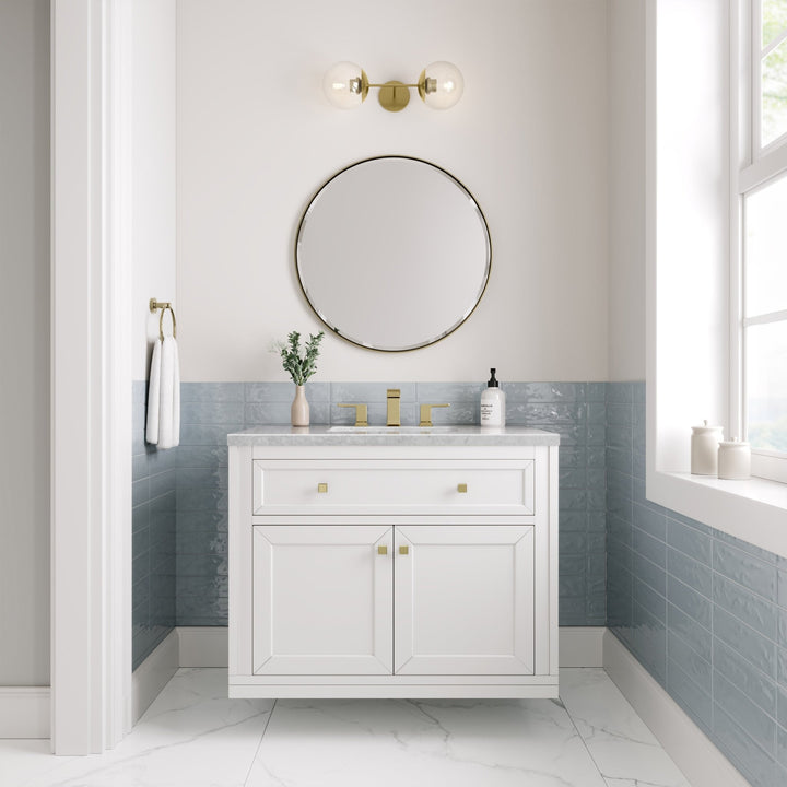 Chicago 36" Single Vanity, Glossy White, w/ 3 CM Carrara Marble Top