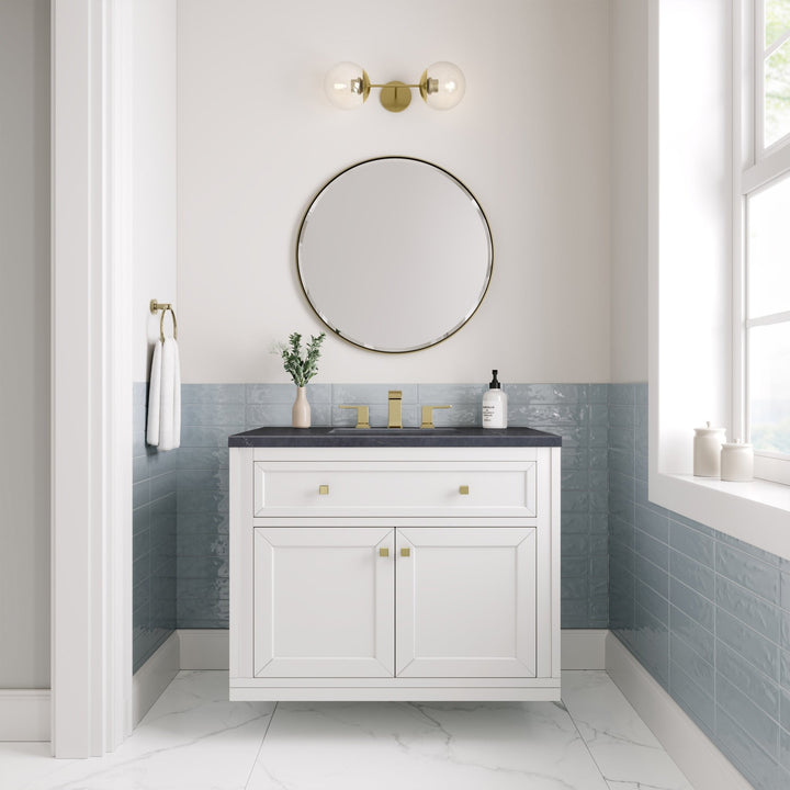 Chicago 36" Single Vanity, Glossy White, w/ 3 CM Charcoal Soapstone Silestone® Top