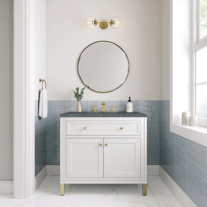 Chicago 36" Single Vanity, Glossy White, w/ 3 CM Parisien Bleu Silestone® Top
