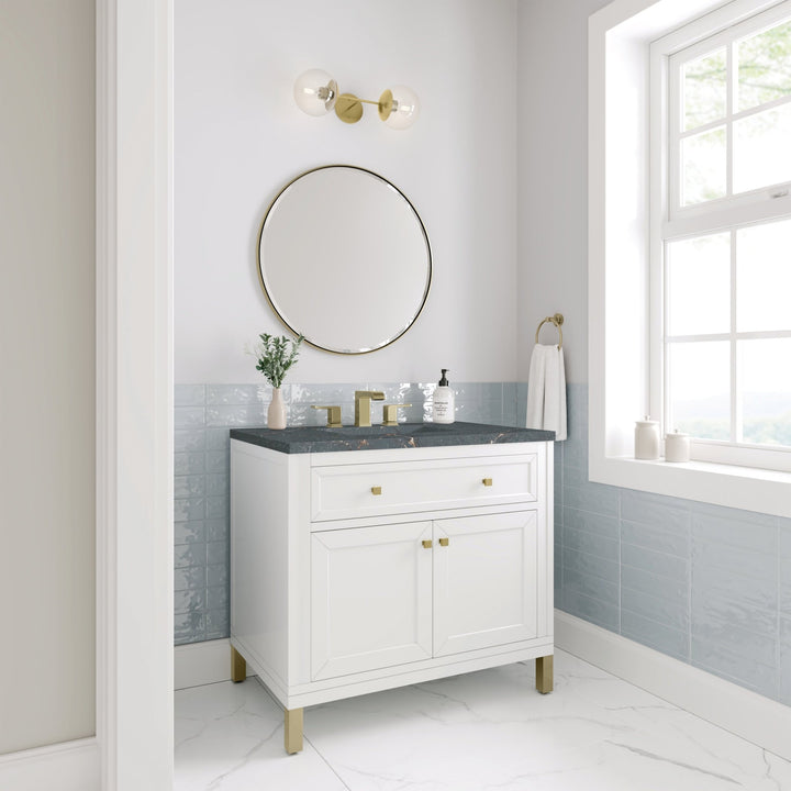 Chicago 36" Single Vanity, Glossy White, w/ 3 CM Parisien Bleu Silestone® Top