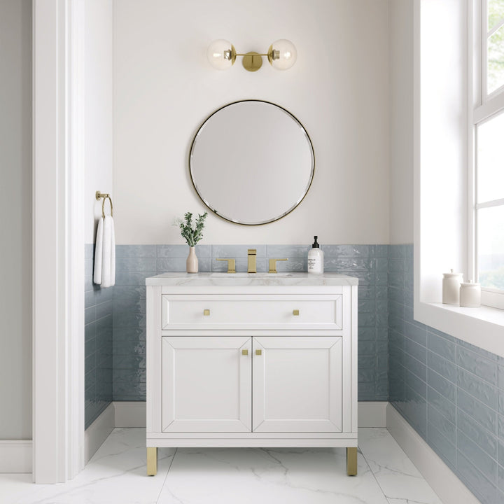 Chicago 36" Single Vanity, Glossy White, w/ 3 CM Victorian Silver Silestone® Top