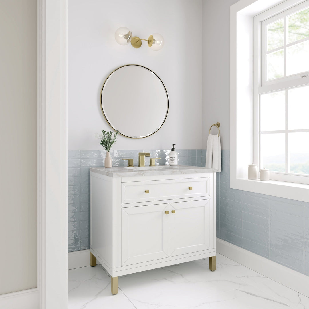Chicago 36" Single Vanity, Glossy White, w/ 3 CM Victorian Silver Silestone® Top