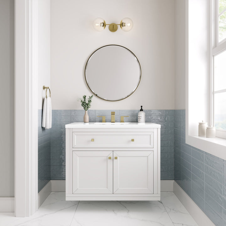 Chicago 36" Single Vanity, Glossy White, w/ 3 CM White Zeus Silestone® Top