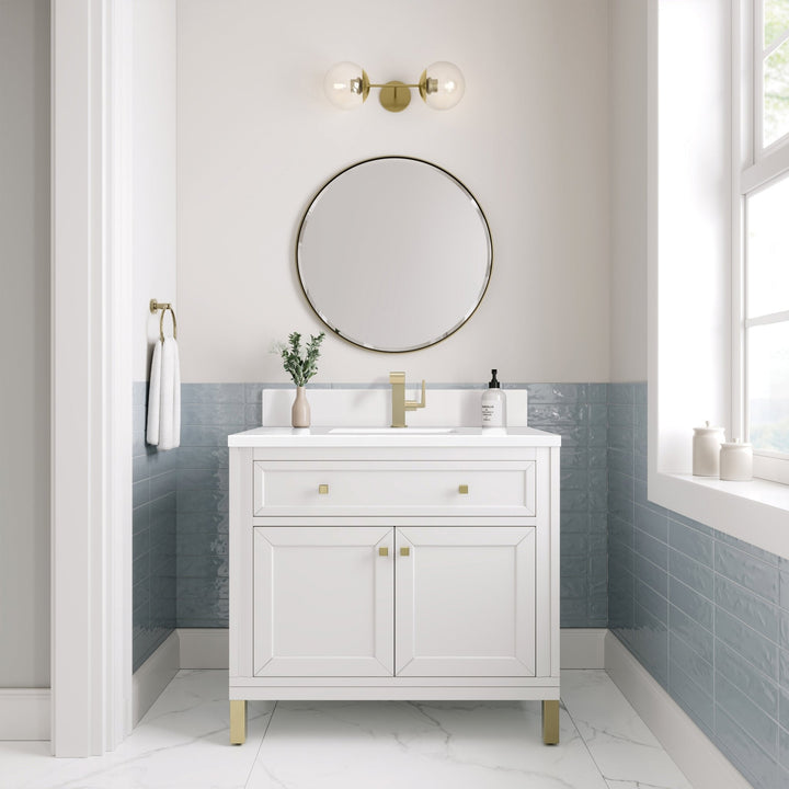 Chicago 36" Single Vanity, Glossy White, w/ Single Hole 3CM White Zeus Silestone® Top & Backsplash