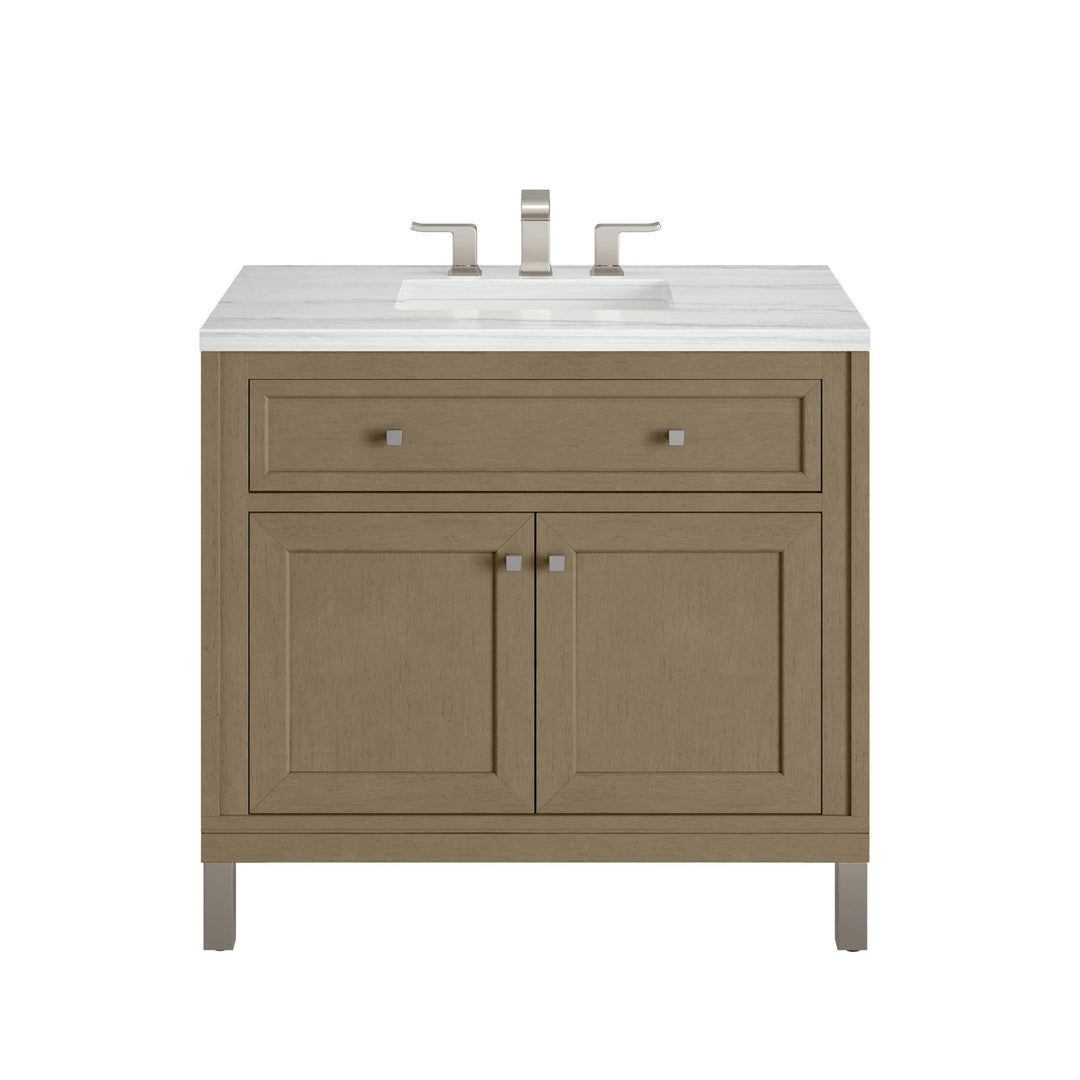 Chicago 36" Single Vanity, Walnut Whisper, w/ 3 CM Arctic Fall Solid Surface Top