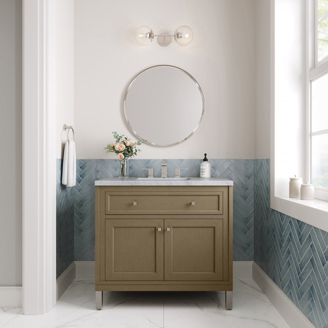 Chicago 36" Single Vanity, Walnut Whisper, w/ 3 CM Carrara Marble Top
