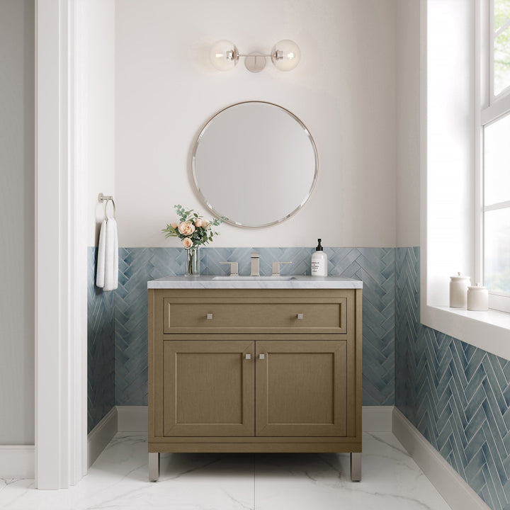 Chicago 36" Single Vanity, Walnut Whisper, w/ 3 CM Carrara Marble Top