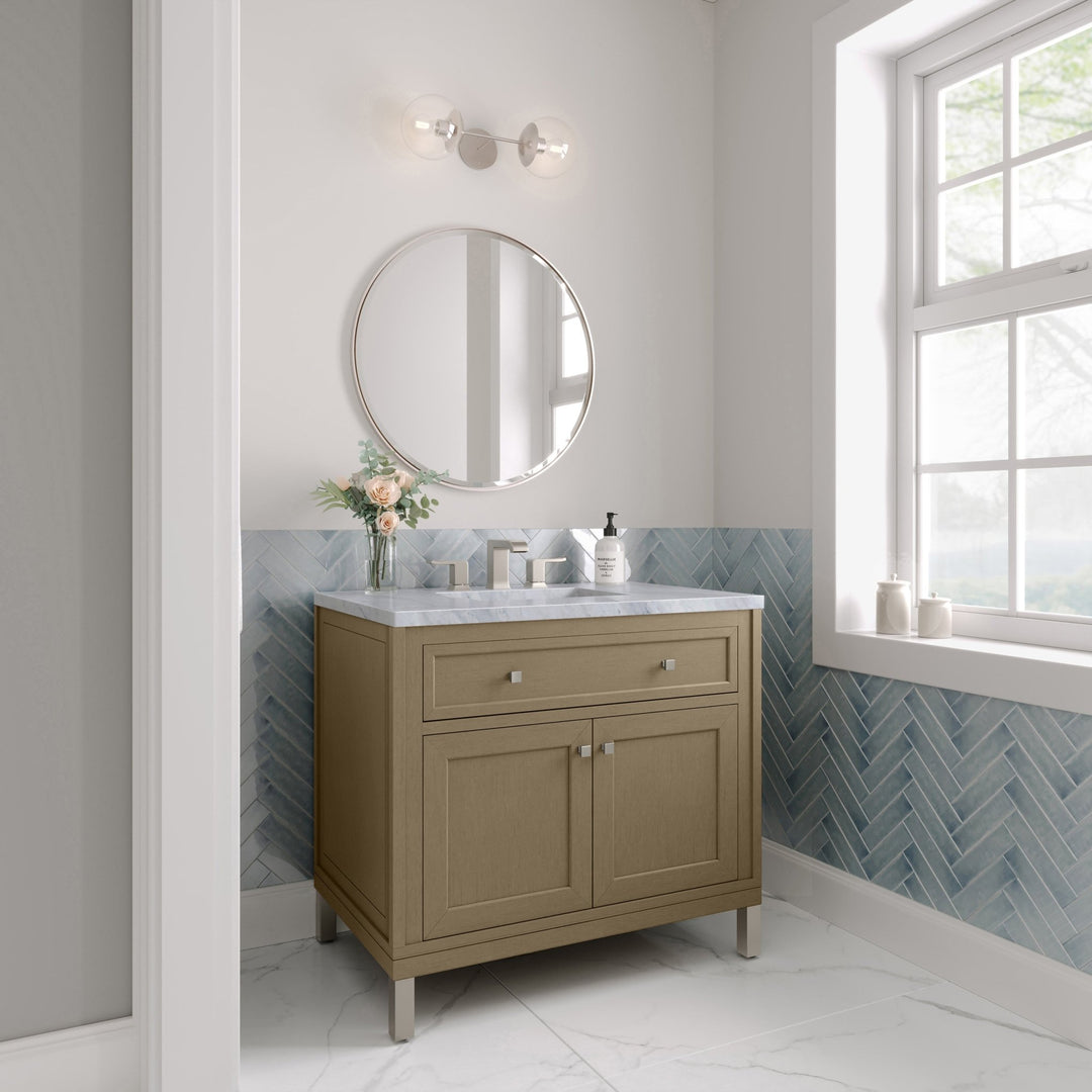 Chicago 36" Single Vanity, Walnut Whisper, w/ 3 CM Carrara Marble Top