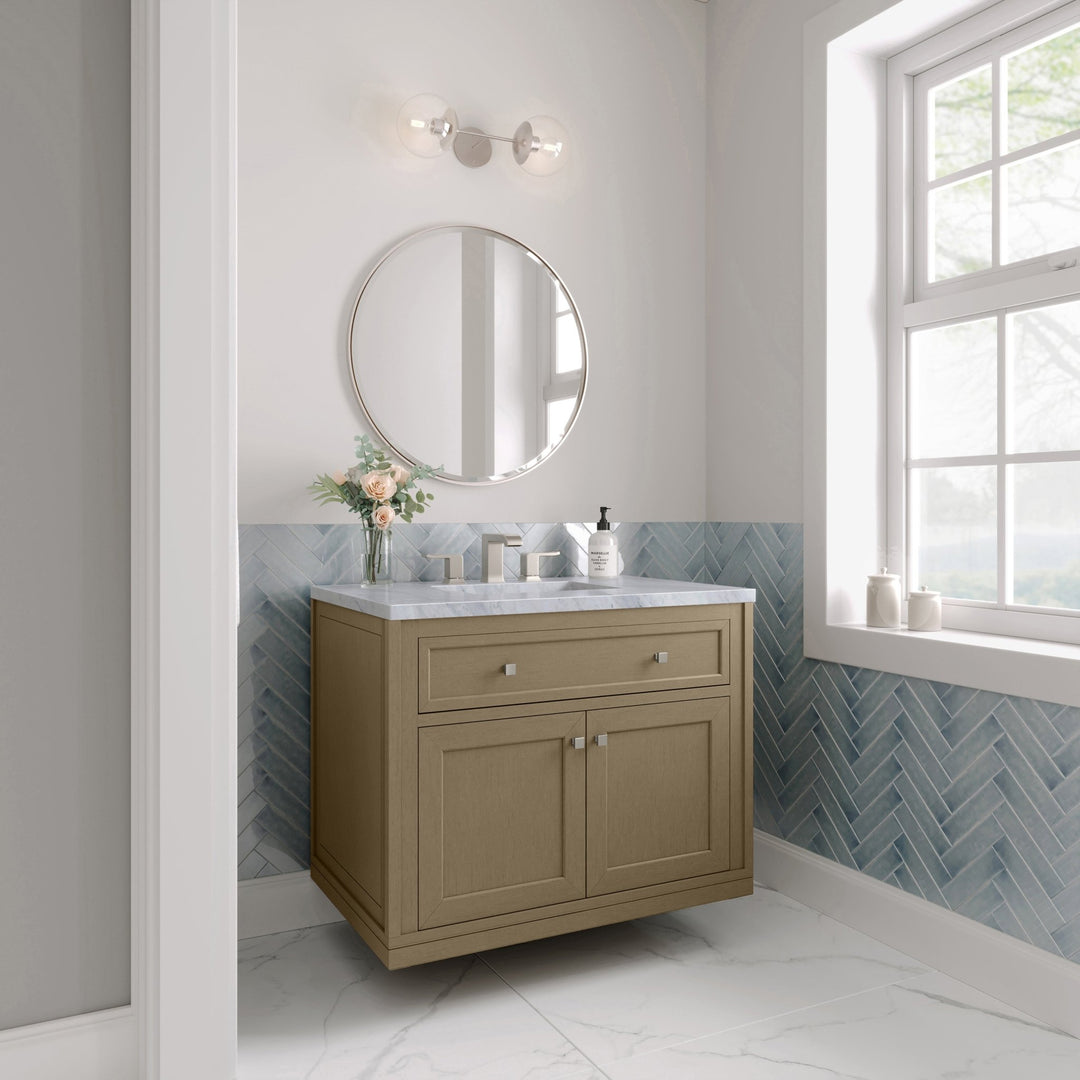 Chicago 36" Single Vanity, Walnut Whisper, w/ 3 CM Carrara Marble Top