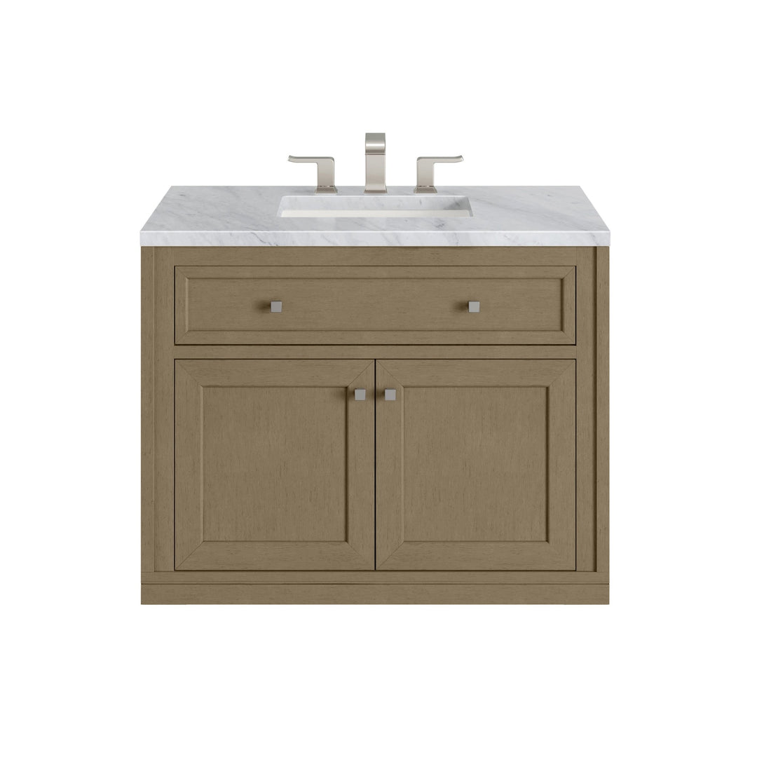 Chicago 36" Single Vanity, Walnut Whisper, w/ 3 CM Carrara Marble Top