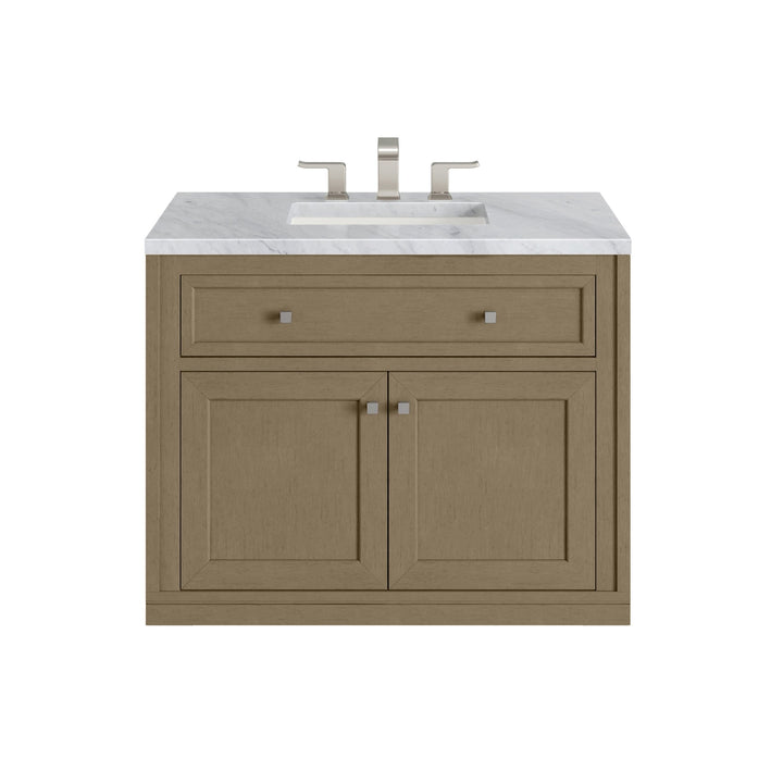 Chicago 36" Single Vanity, Walnut Whisper, w/ 3 CM Carrara Marble Top
