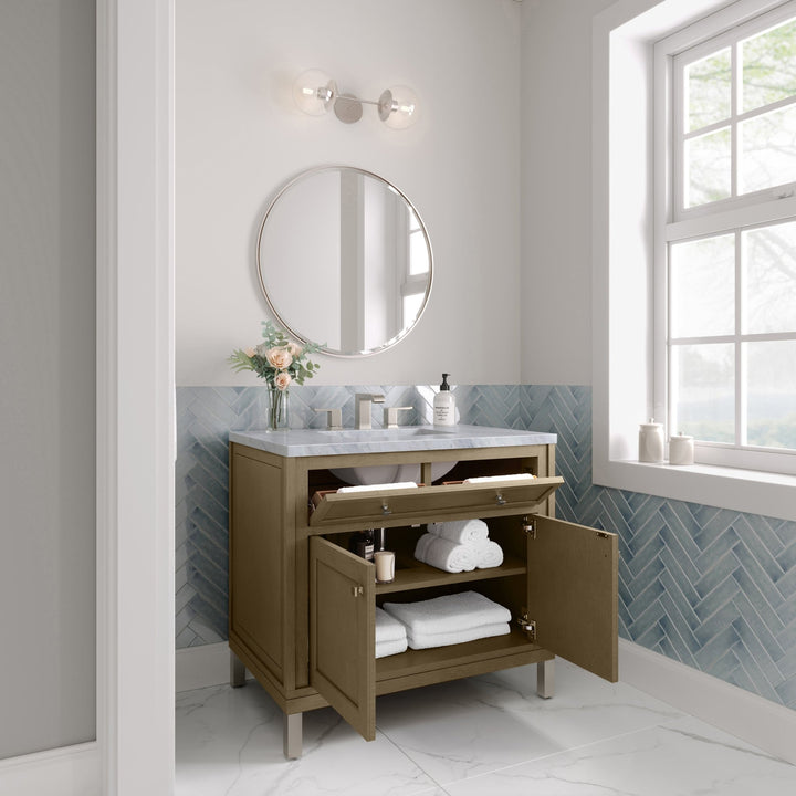 Chicago 36" Single Vanity, Walnut Whisper, w/ 3 CM Carrara Marble Top