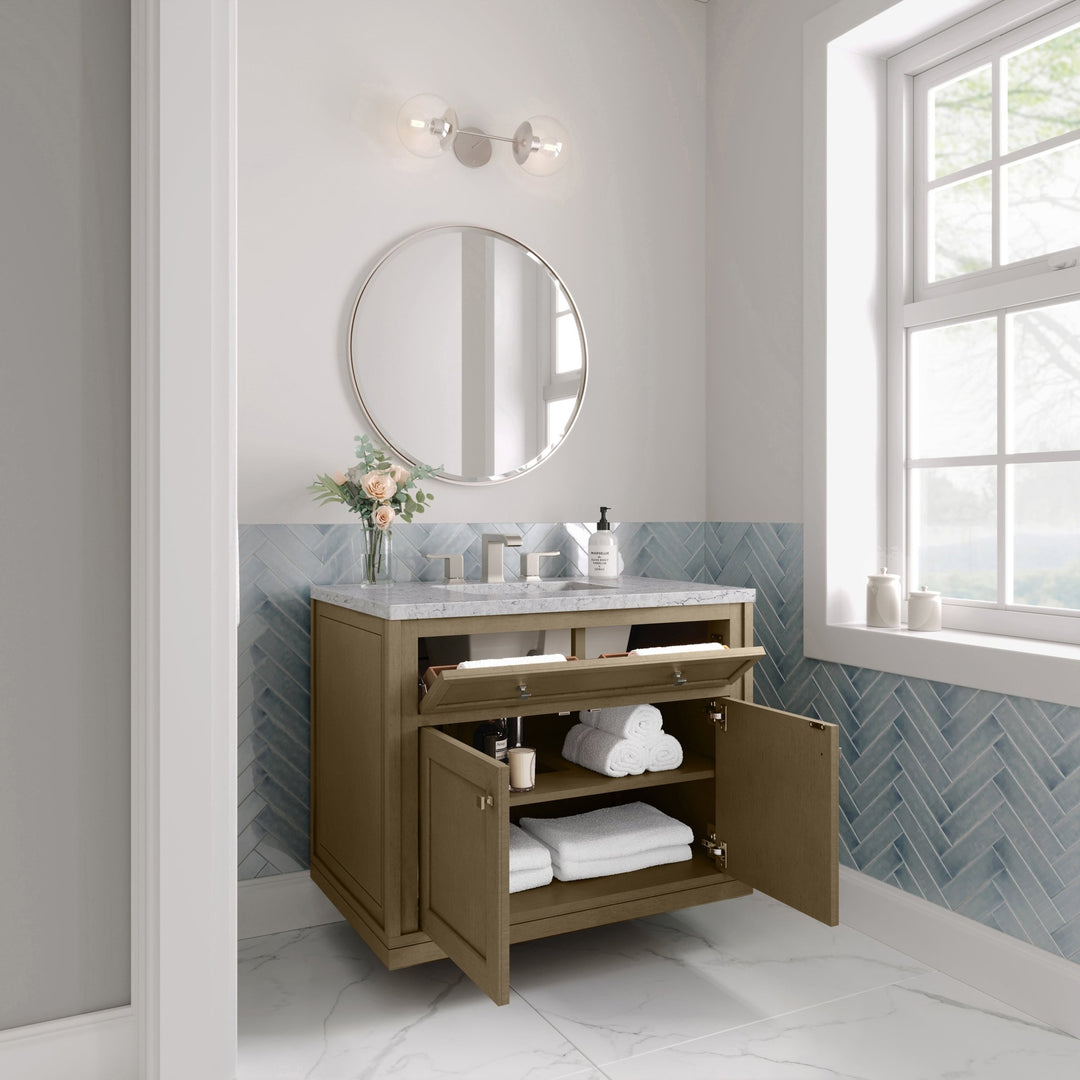 Chicago 36" Single Vanity, Walnut Whisper, w/ 3 CM Eternal Jasmine Pearl Silestone® Top