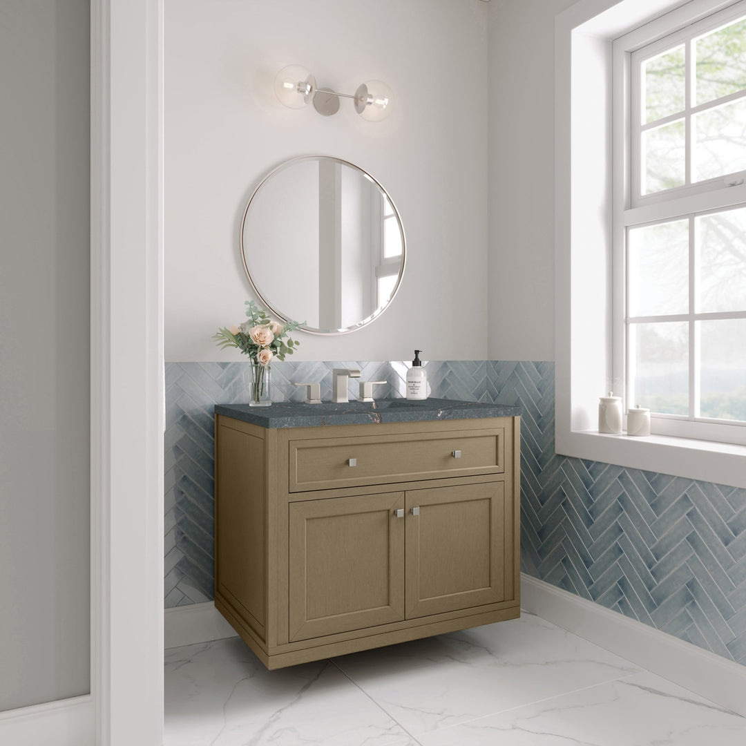 Chicago 36" Single Vanity, Walnut Whisper, w/ 3 CM Parisien Bleu Silestone® Top