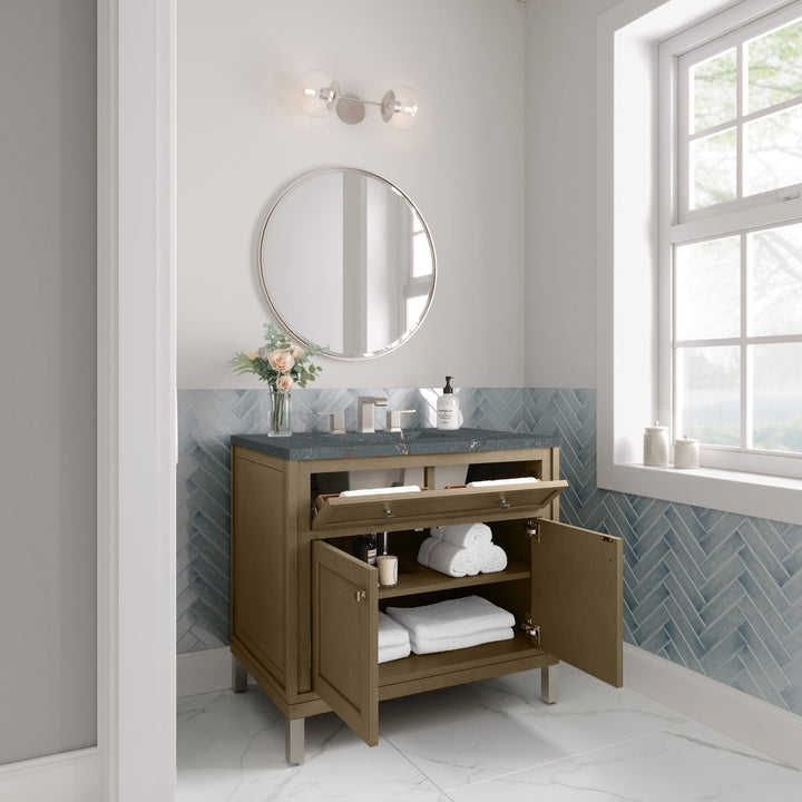 Chicago 36" Single Vanity, Walnut Whisper, w/ 3 CM Parisien Bleu Silestone® Top