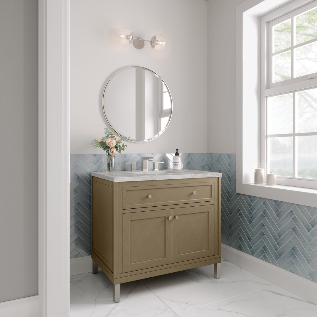 Chicago 36" Single Vanity, Walnut Whisper, w/ 3 CM Victorian Silver Silestone® Top