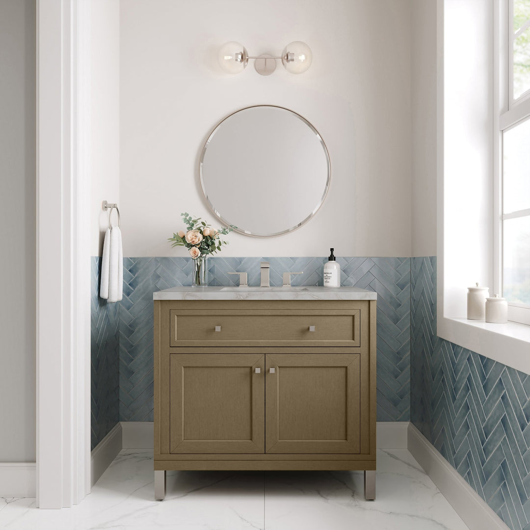 Chicago 36" Single Vanity, Walnut Whisper, w/ 3 CM Victorian Silver Silestone® Top