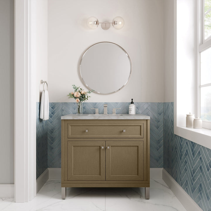 Chicago 36" Single Vanity, Walnut Whisper, w/ 3 CM Victorian Silver Silestone® Top