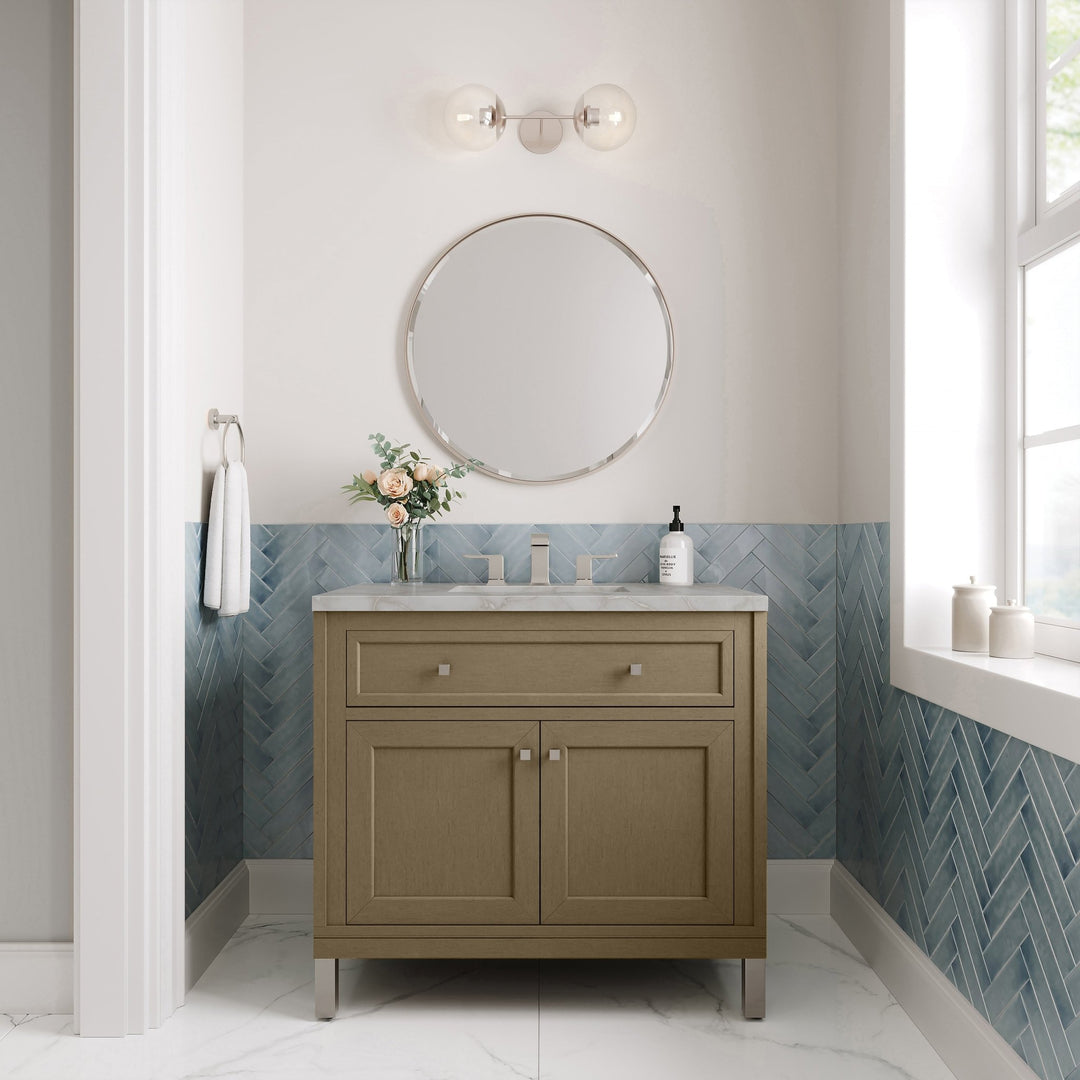 Chicago 36" Single Vanity, Walnut Whisper, w/ 3 CM Victorian Silver Silestone® Top