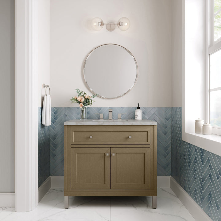 Chicago 36" Single Vanity, Walnut Whisper, w/ 3 CM Victorian Silver Silestone® Top