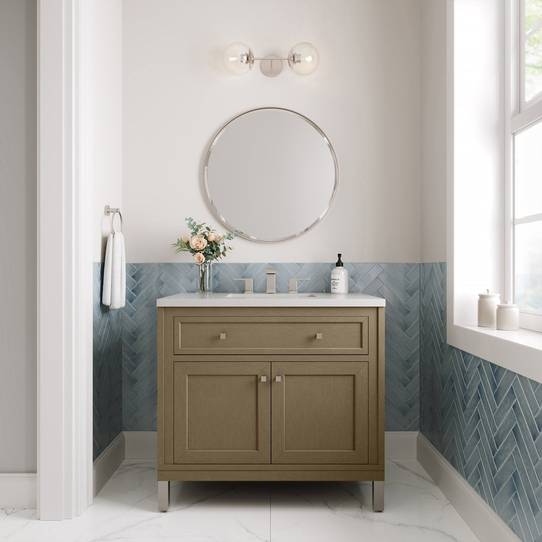 Chicago 36" Single Vanity, Walnut Whisper, w/ 3 CM White Zeus Silestone® Top