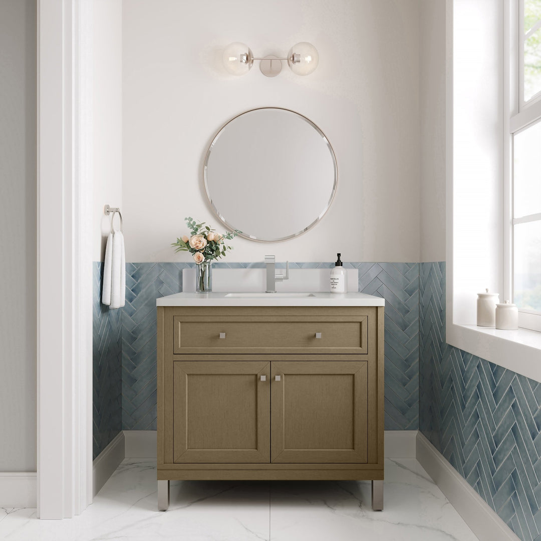 Chicago 36" Single Vanity, Walnut Whisper, w/ Single Hole 3CM White Zeus Silestone® Top & Backsplash