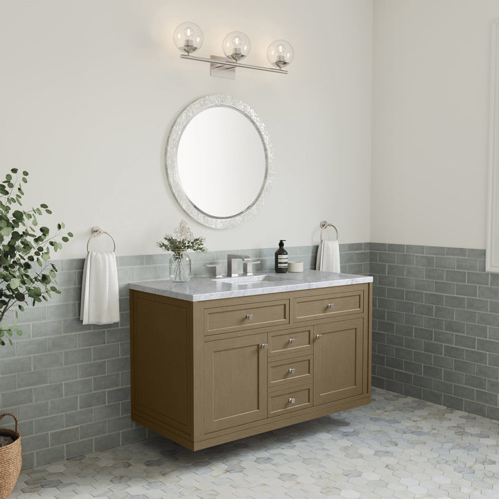 Chicago 48" Single Vanity, Walnut Whisper, w/ 3 CM Carrara Marble Top