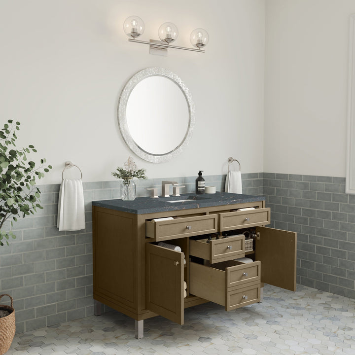 Chicago 48" Single Vanity, Walnut Whisper, w/ 3 CM Parisien Bleu Silestone® Top w/FreePower Wireless Charger