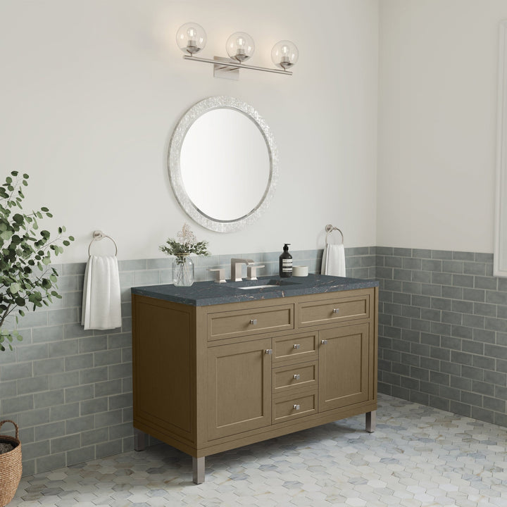 Chicago 48" Single Vanity, Walnut Whisper, w/ 3 CM Parisien Bleu Silestone® Top w/FreePower Wireless Charger