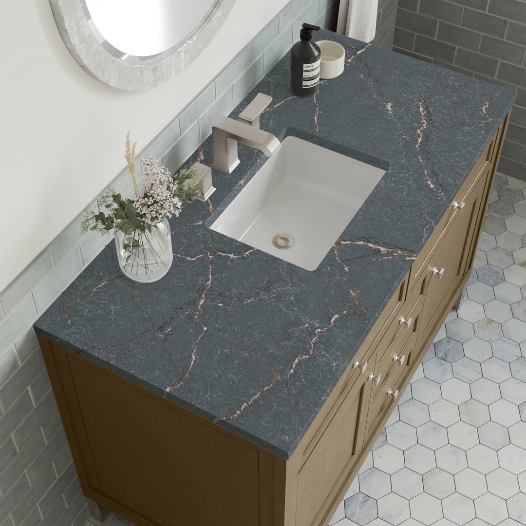 Chicago 48" Single Vanity, Walnut Whisper, w/ 3 CM Parisien Bleu Silestone® Top w/FreePower Wireless Charger