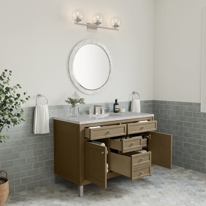 Chicago 48" Single Vanity, Walnut Whisper, w/ 3 CM Victorian Silver Silestone® Top w/FreePower Wireless Charger