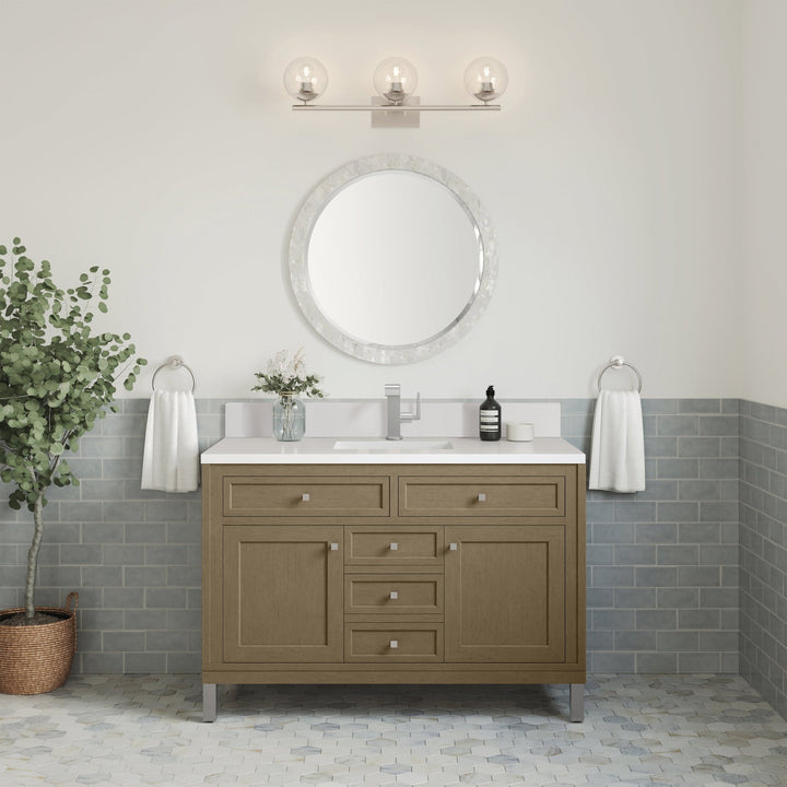 Chicago 48" Single Vanity, Walnut Whisper, w/ Single Hole 3CM White Zeus Silestone® Top & Backsplash