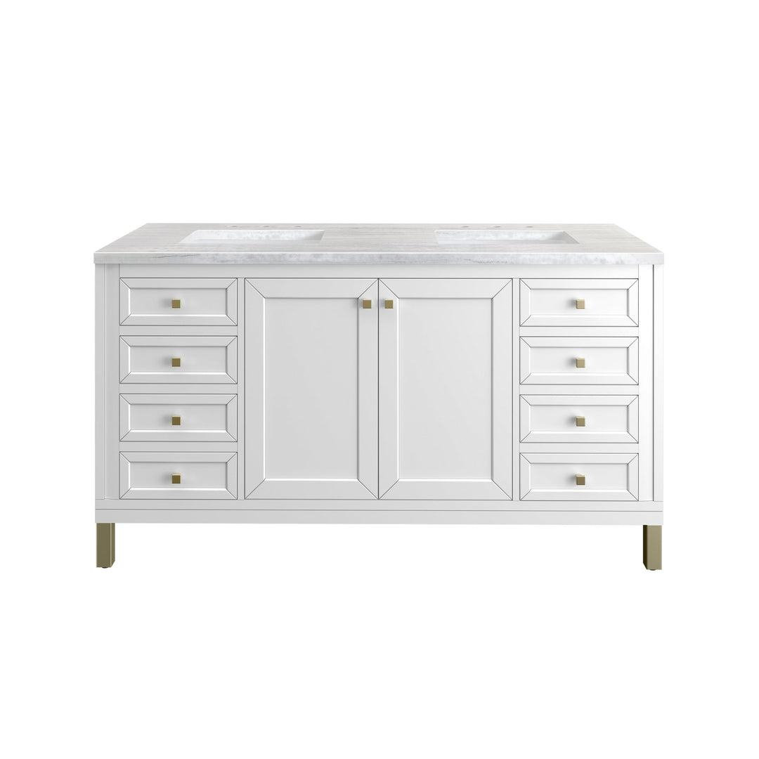 Chicago 60" Double Vanity, Glossy White, w/ 3 CM Arctic Fall Solid Surface Top