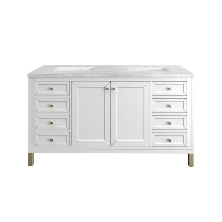 Chicago 60" Double Vanity, Glossy White, w/ 3 CM Arctic Fall Solid Surface Top