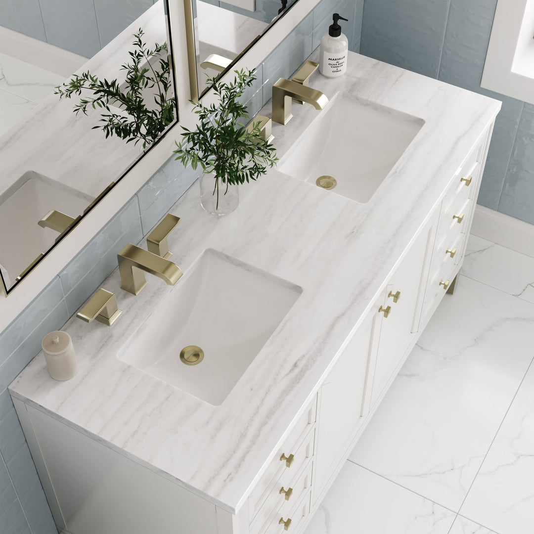Chicago 60" Double Vanity, Glossy White, w/ 3 CM Arctic Fall Solid Surface Top