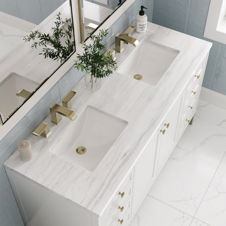 Chicago 60" Double Vanity, Glossy White, w/ 3 CM Arctic Fall Solid Surface Top